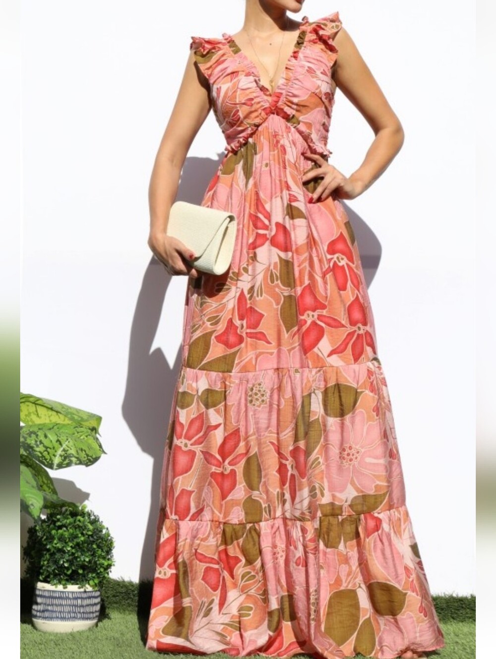 Floral Pink Sleeveless Ruffle Maxi Dress- NWT